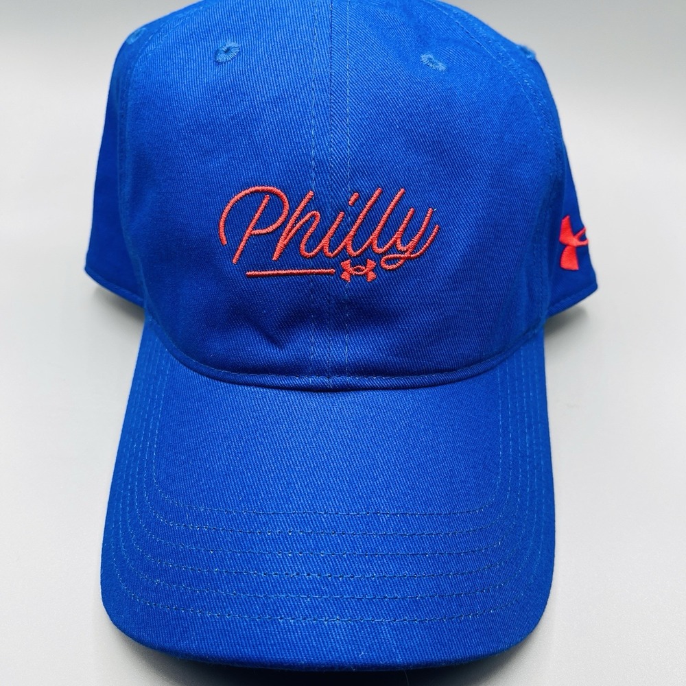 Under Armour Philly Hat Mens Blue Red Script Adjustable UA Free Fit Cap 1355139